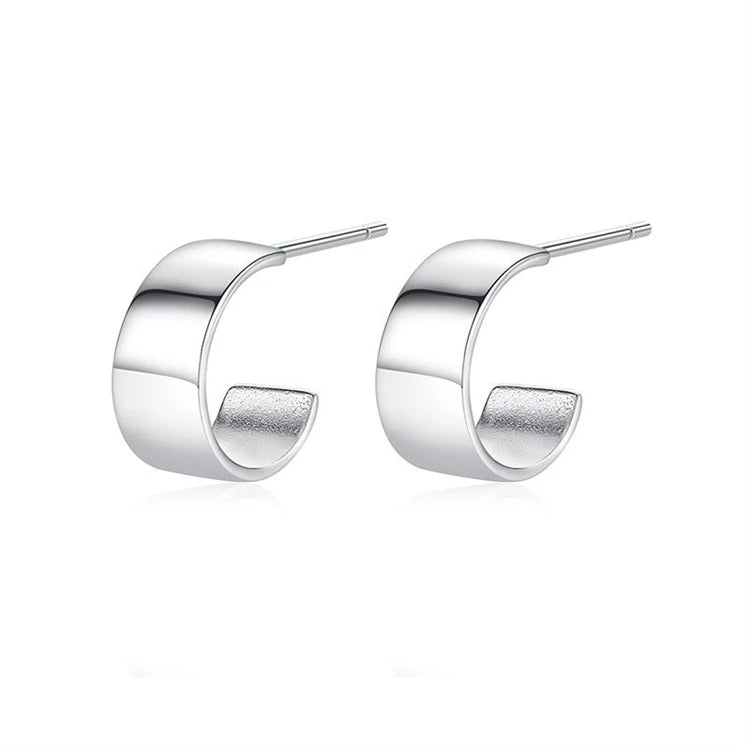 Fine Jewelry 925 Sterling Silver Smooth Plain Small C-Shaped Stud Earrings For Women