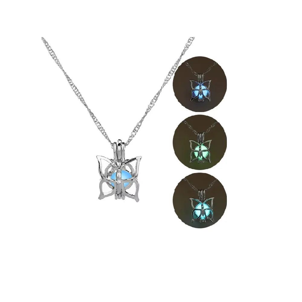 RisingMoon ODM Collar Glow in the Dark Cute Butterfly Pendant Hollow Fluorescent Jewelry  Locket Cage Luminous Necklace