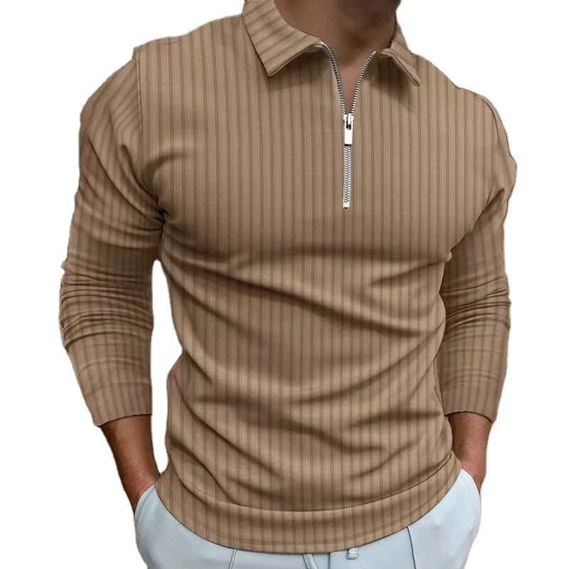RNSHANGER New Men's Spring Solid Color Leisure Sports Polo Shirt Casual Zipper Striped Long Sleeve Turn-down Collar Polo Shirts