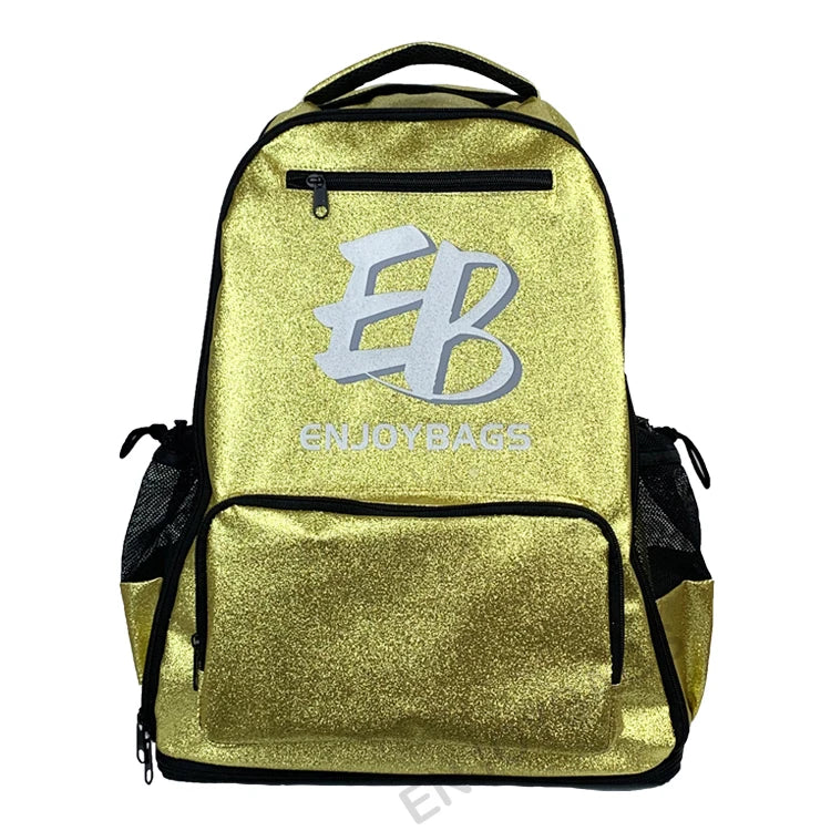 Custom Large Load-Bearing Sublimated Glitter Cheer Backpack Casual Sports Polyester Sports Gold Fashion Cheerleading Bags