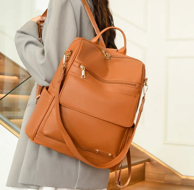 Women's Vintage PU Leather Backpack Strap Multifunctional Zipper for Outdoor Sports College Students Laptop Bag Cheap Stylish