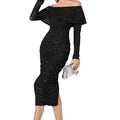 S-XL Women's Wholesale Casual Off Shoulder Long Sleeve Sparkling Mid Length  Evening Dresses Women