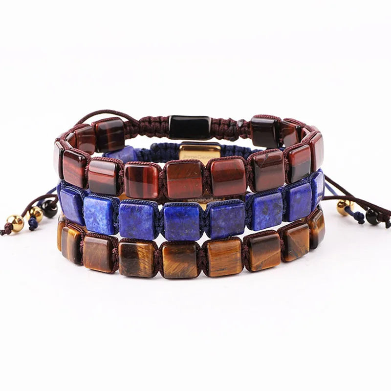 Renting Jewelry Making Custom Square Shaped Natural Gemstone Tiger Eye Lapis Lazuli Stone Woven Beaded Friendship Bracelet Men