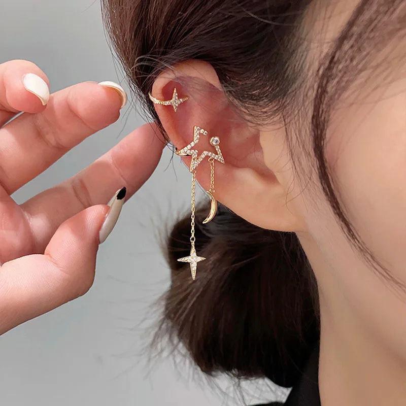 Hot Selling Simple Temperament Minority Earrings Moon Tassel No Ear Cuff Earring for Girl
