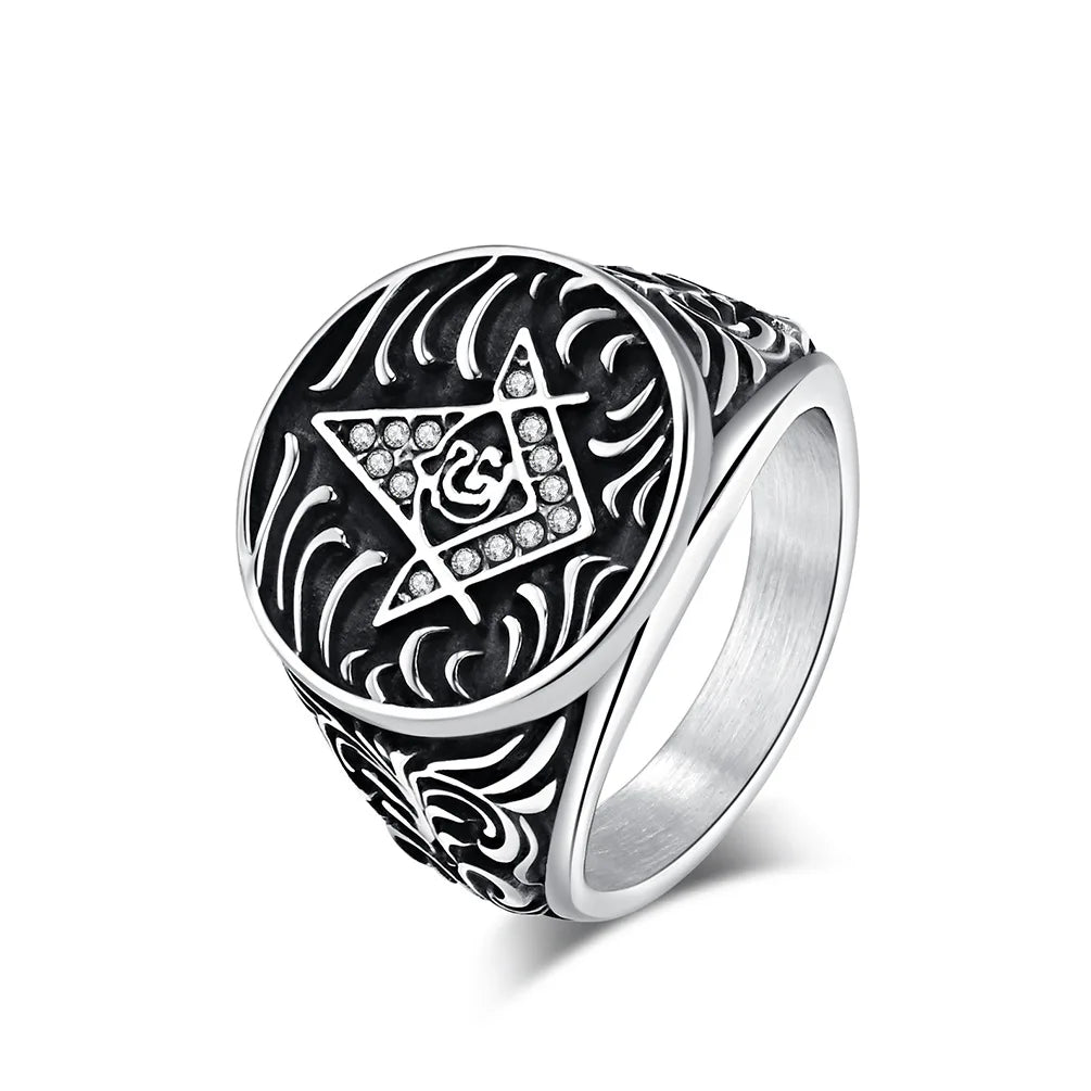 Wholesale Freemasonry G Brotherhood Gold Plated Stainless Steel Men's Ring Zircon Inlay Black Antique Masonic Ring