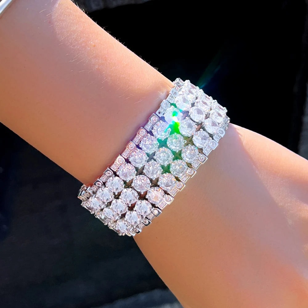 Super Shiny Multi Layer Round Cubic Zirconia Crystal Statement Luxury Wide Big Women Wedding Party Bracelets Jewelry