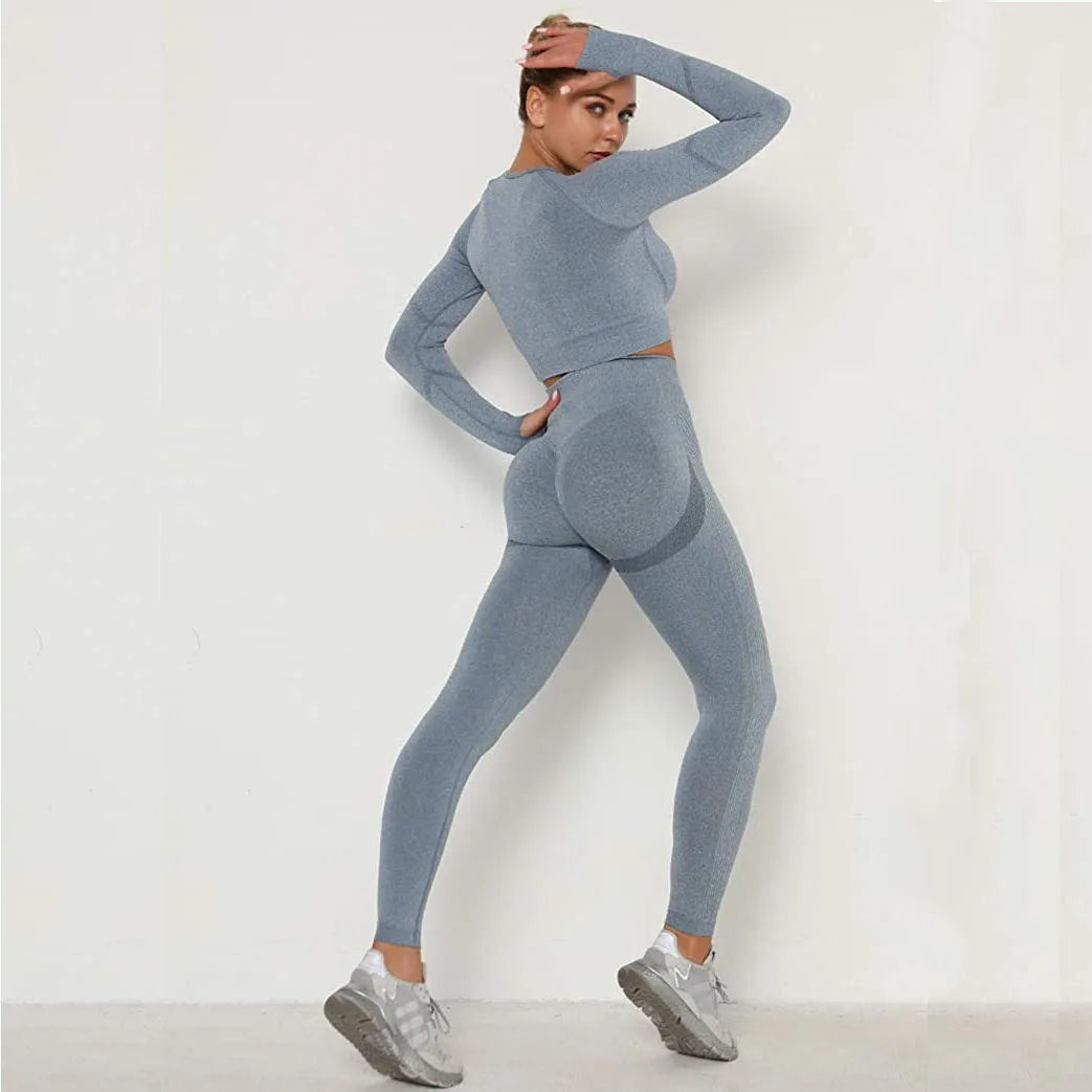 China Wholesale 2 Piece Sportswear Long Sleeve Crop Top Pant Yoga Workout Set Women Clothing Active Wear Gym Fitness Sets