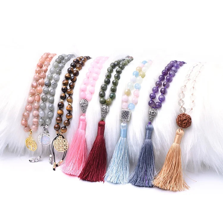 Hot Sale Popular Healing Natural Gemstone 108 Mala Beads Spiritual Long Necklace Prayer Beads Multi Styles
