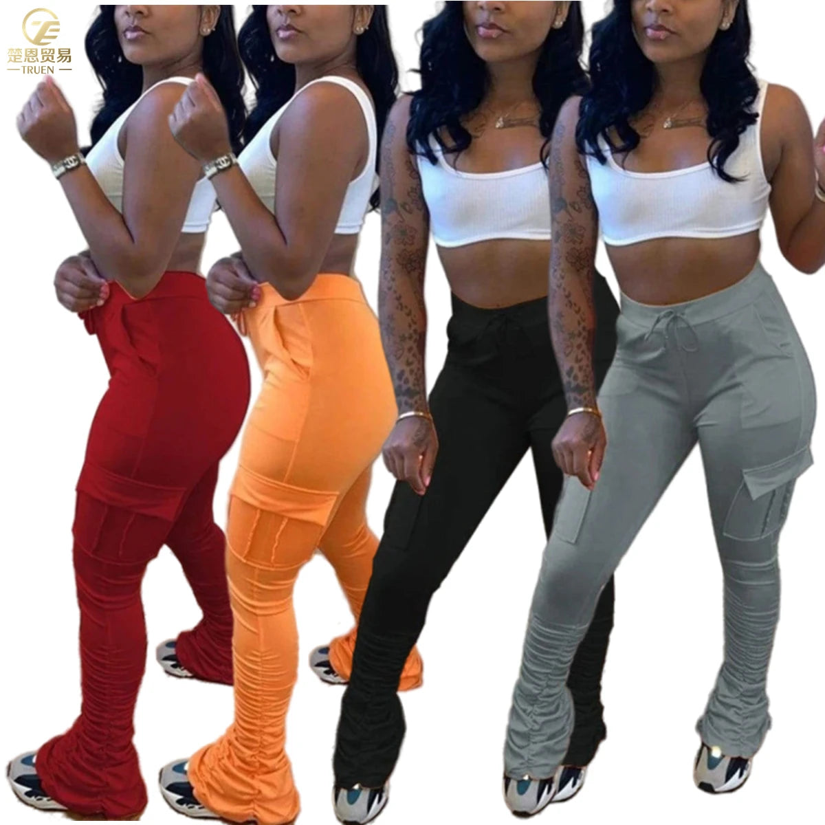 S-2xl Custom Mid Lace-up Pleated Pockets Natural Skinny Cotton Flare Overalls Woman Fleece Thick Stacked Sweat Pants