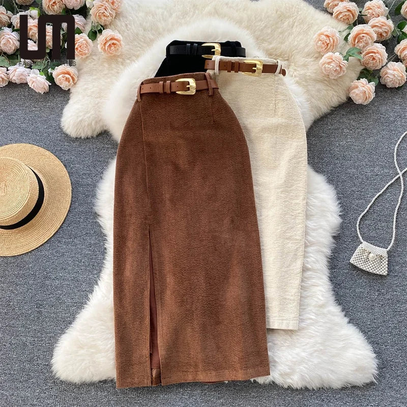 Liu Ming Wholesale Dropshipping 2024 Vintage Women Clothes Casual Corduroy High Waist Belted a Line Long Skirts