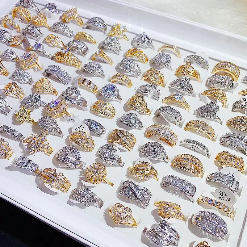 Trends Luxury Gold Plated Ring Cz Zircon Mix Bulk Gemstone Elegant Ladies Wedding Rings Jewelry for Women Girls Wholesale