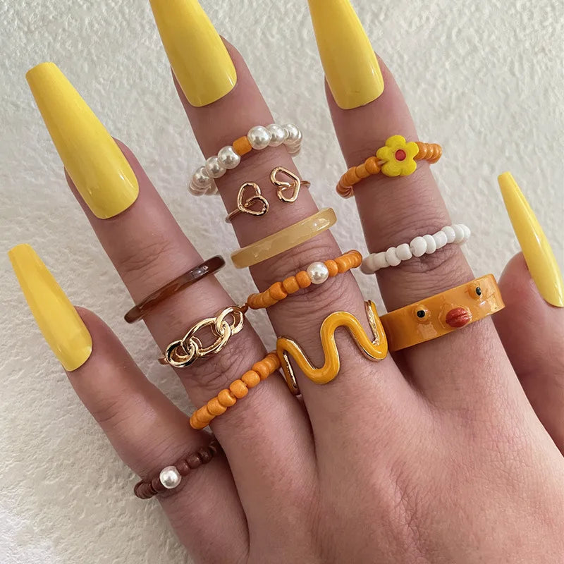 12pcs/sets Colorful Beaded Joint Pearl Ring Sets for Women Charms Chicken Heart Skull Beads Party Jewelry Wholesale Anillo
