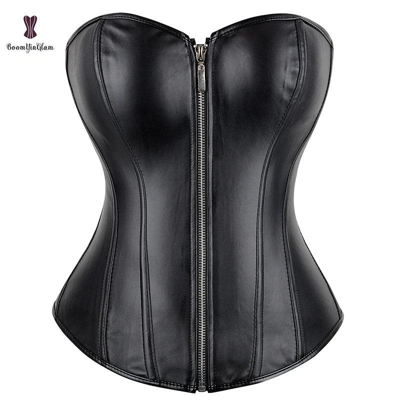 Black Red Mature Women Push up Chest Binder Bustier Slimming Corsets Shapewear Synthetic Leather Corset Top With Zipper