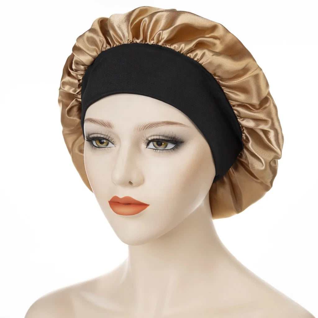 Wholesale Custom Two Tone Head Cover Adjustable Satin Cap Wide Elastic Band Night Sleeping Cap Satin Hair Bonnets for Sleeping