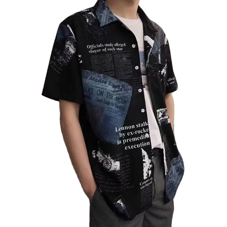 Summer Mens Short Sleeved Shirts Casual Black White Print Male Shirts Street Hip Hop Youth Personality Men Clothing
