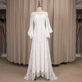 Real Photos Boho Outdoor Long Bell Sleeves Lace Wedding Dress for Plus Size Woman Backless Boat Neck Bride Gown for Wedding