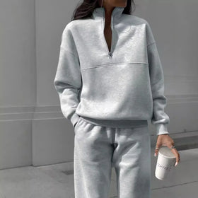 Euro American Feng Cross Border Autumn/Winter New Fashion Zipper Collar Solid Color Casual Two Piece Set