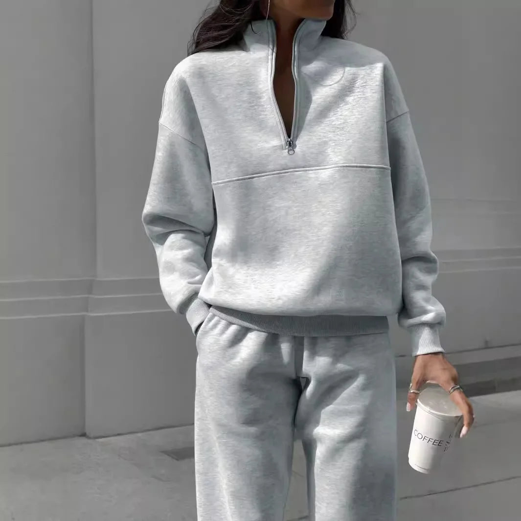 Euro American Feng Cross Border Autumn/Winter New Fashion Zipper Collar Solid Color Casual Two Piece Set