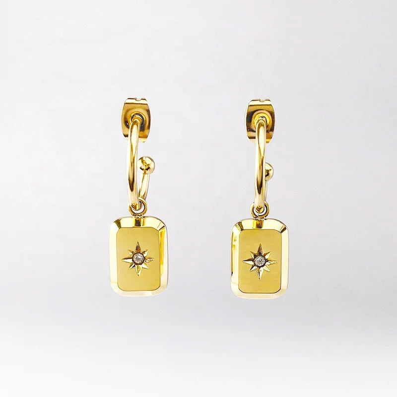 18K Gold Plated Stainless Steel Jewelry Square Eight Pointed Star Zircon INS Accessories Earrings E211333
