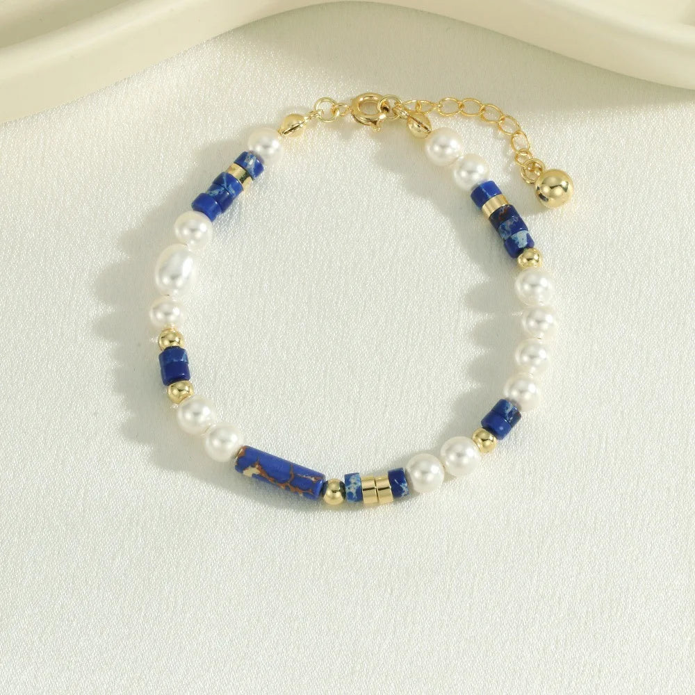 Dainty Natural Pearl Bracelets Lapis Lazuli Gemstone Freshwater Pearl Beaded Bracelet
