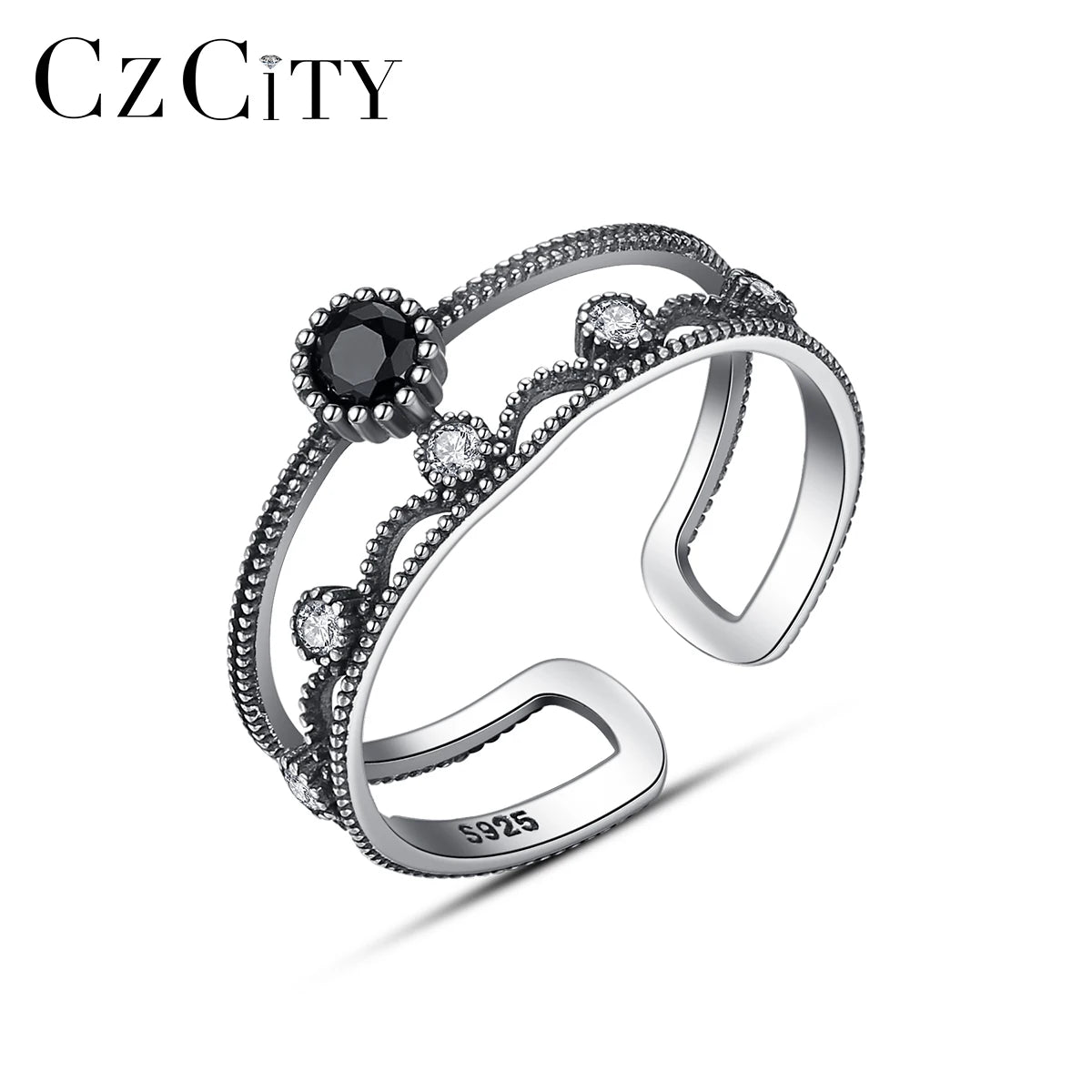 CZCITY Black Silver Adjustable Fashion Woman Geometric 2026 Jewelry Girl Goth Ring