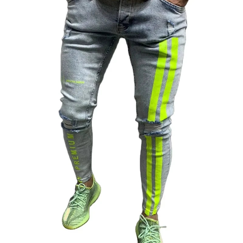 Tight Printed Knee Holes Men's Stretch Breathable Summer High Street Tapered Ripped Designer Jeans Hot Sale