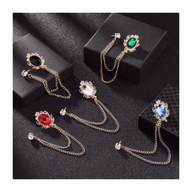 Retro Crystal Rhinestones Mens Jewelry Brooch Pins Party Club Hiphop Creative Vintage Pattern blazer Suit Lapel Pin Chain Brooch