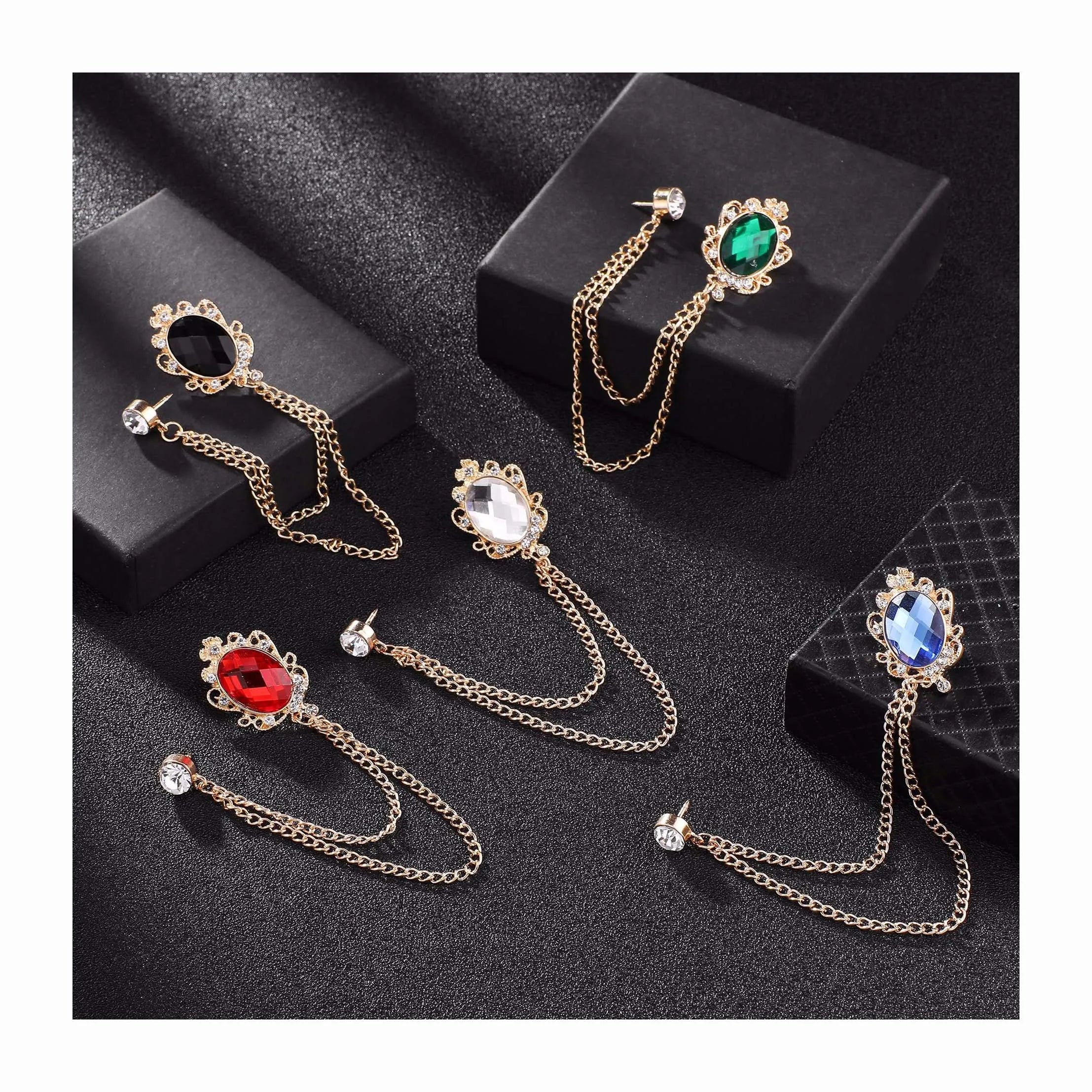 Retro Crystal Rhinestones Mens Jewelry Brooch Pins Party Club Hiphop Creative Vintage Pattern blazer Suit Lapel Pin Chain Brooch