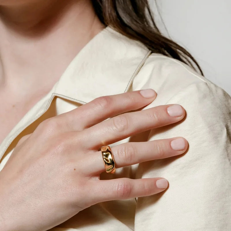 Joolim Jewelry Wholesale 18K Gold Plated Irregular Wrinkle Stainless Steel Rings for Women Band Rings