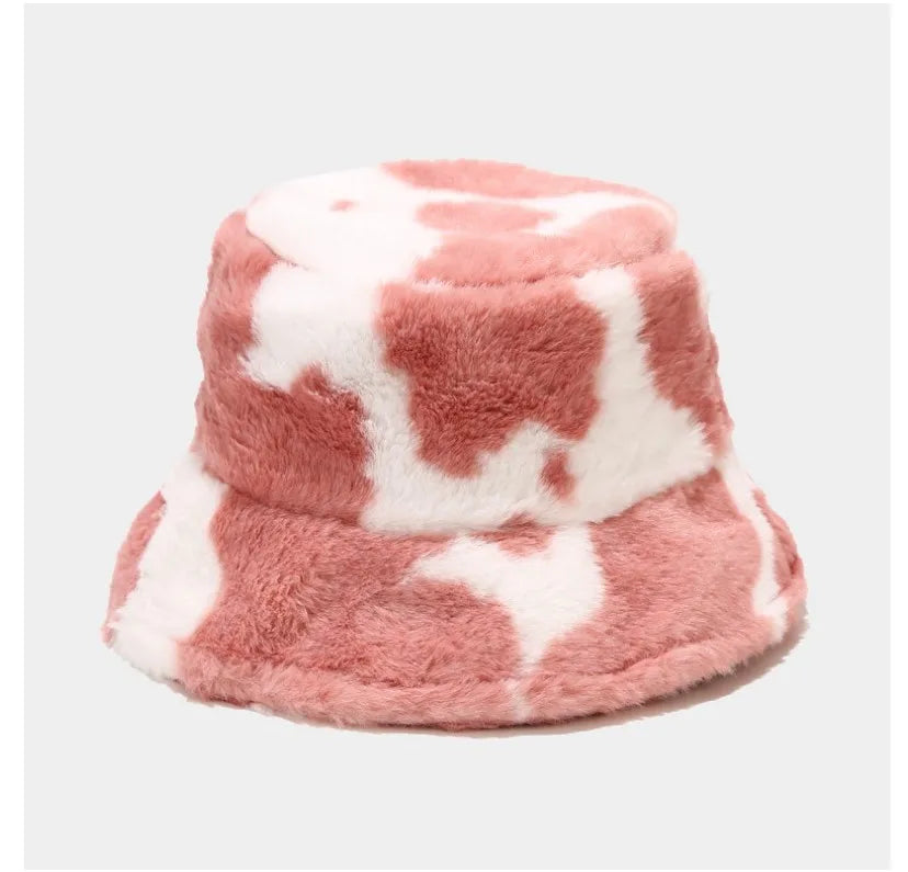 Autumn Winter Soft Girl Faux Rabbit Fur Fisherman Hat Custom Logo Designer Cow Pattern Warm Bucket Hat Wholesaler New Product