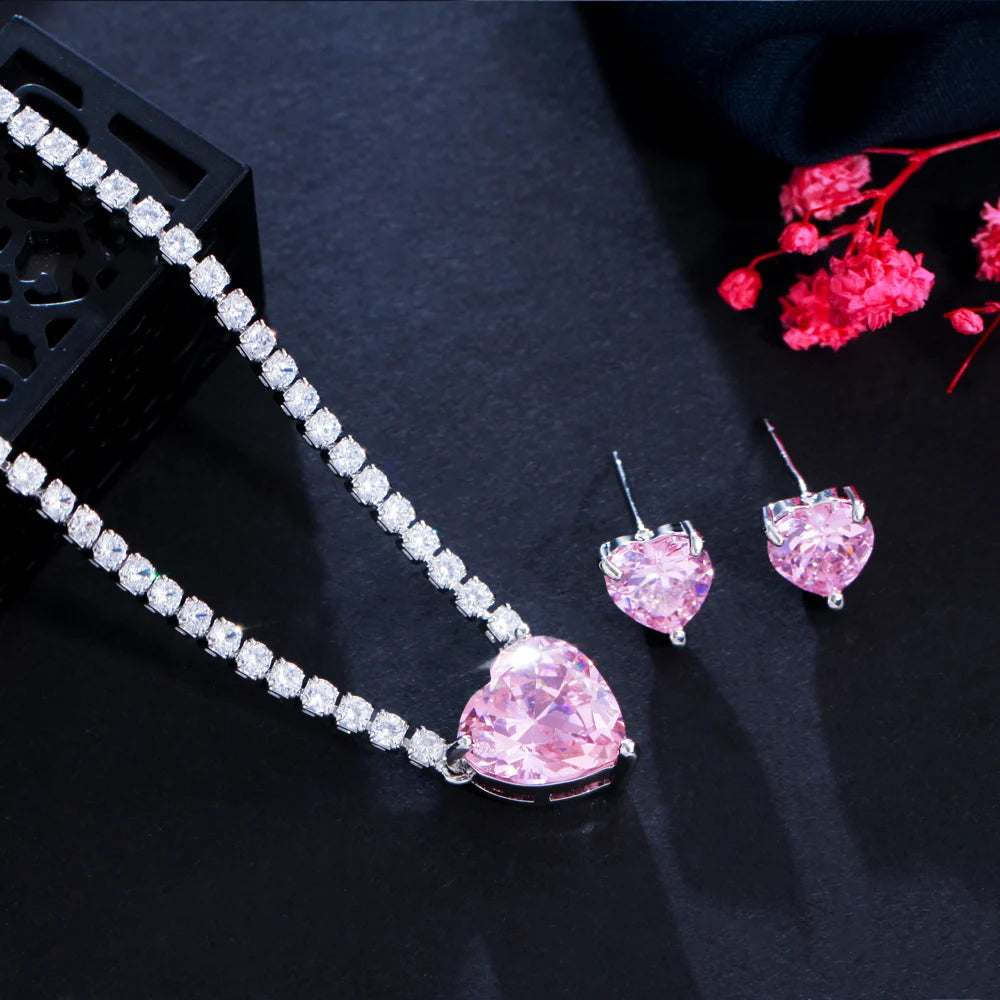 New Trendy Love Heart Shape Pink Cubic Zirconia Crystal Women Engagement Necklace Earrings Wedding Prom Jewelry Sets
