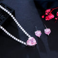 New Trendy Love Heart Shape Pink Cubic Zirconia Crystal Women Engagement Necklace Earrings Wedding Prom Jewelry Sets