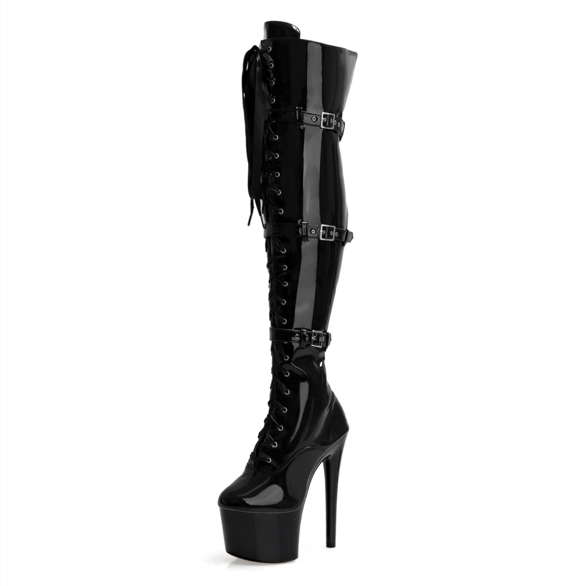 7 Inch Pointed Stiletto High Heels Platforms Strip Pole Dance Thigh High Exotic Dancer 17cm Front Strap Boots Sexy Fetish Shoes