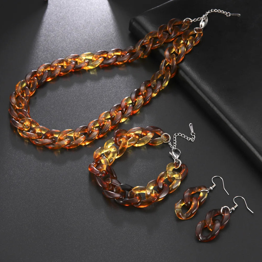 Fashion Cheap Summer Multi Colors Gold Acrylic Resin Plastic Chunky Chain Necklace Bracelet Earrings Jewelry Set