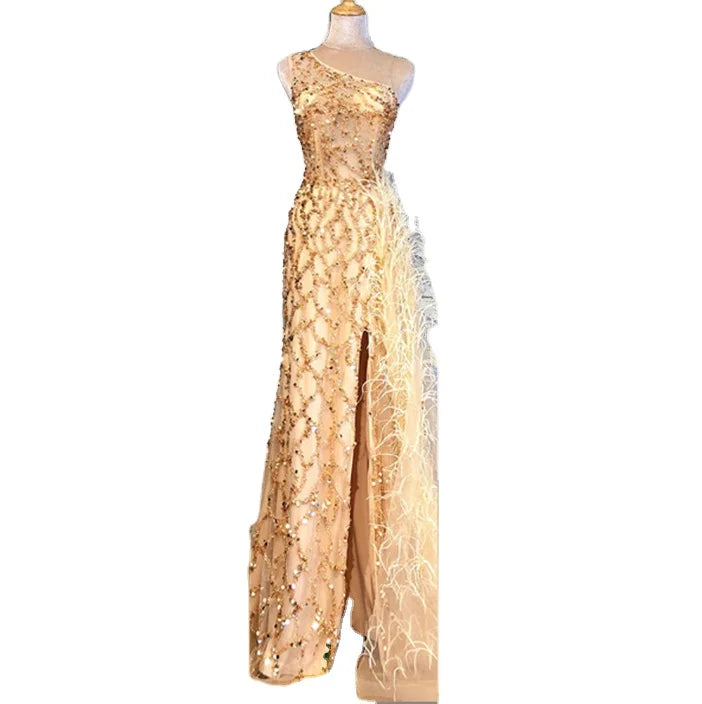 2023 New Women's Solid Color Sequins Long Sleeveless Fashion Slim Fit Temperament Medium Long Evening Dress