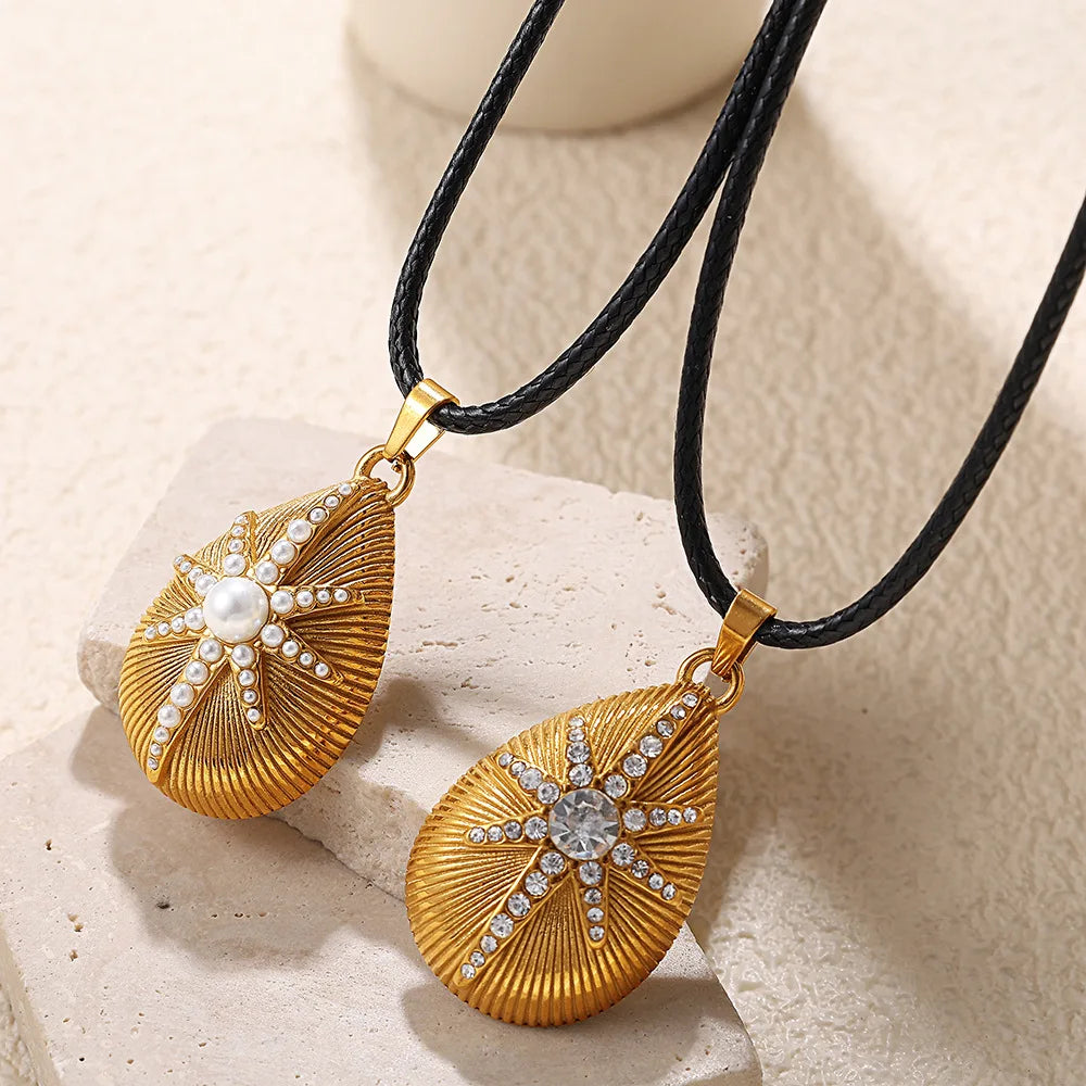 Trendy Jewelry 18k Gold Plated Stainless Steel Shell Eight-pointed Star Zircon Pearl Pendant Necklace