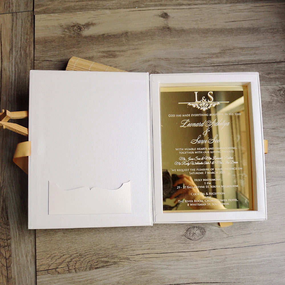 Wedding Gold Mirror Acrylic Invitation With Hardcover Box and Customized Hardcover Gold Mirror Acrylic Birthday Invitation Cards