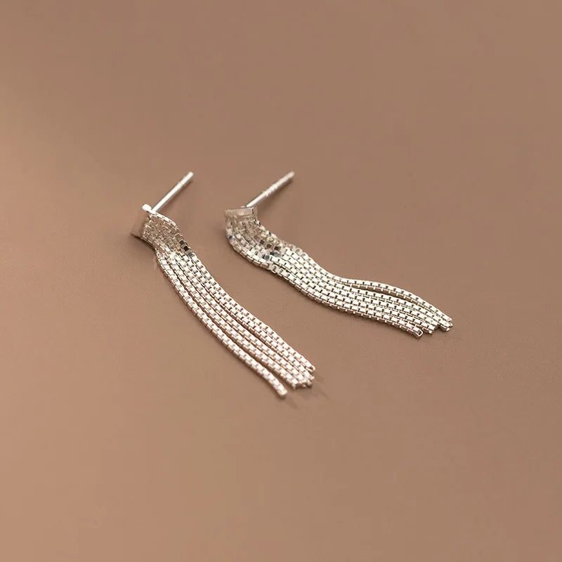 S925 Sterling Silver Long Tassel Earrings Box Chain Statement Earrings Fashion Jewelry Stud Earrings Women