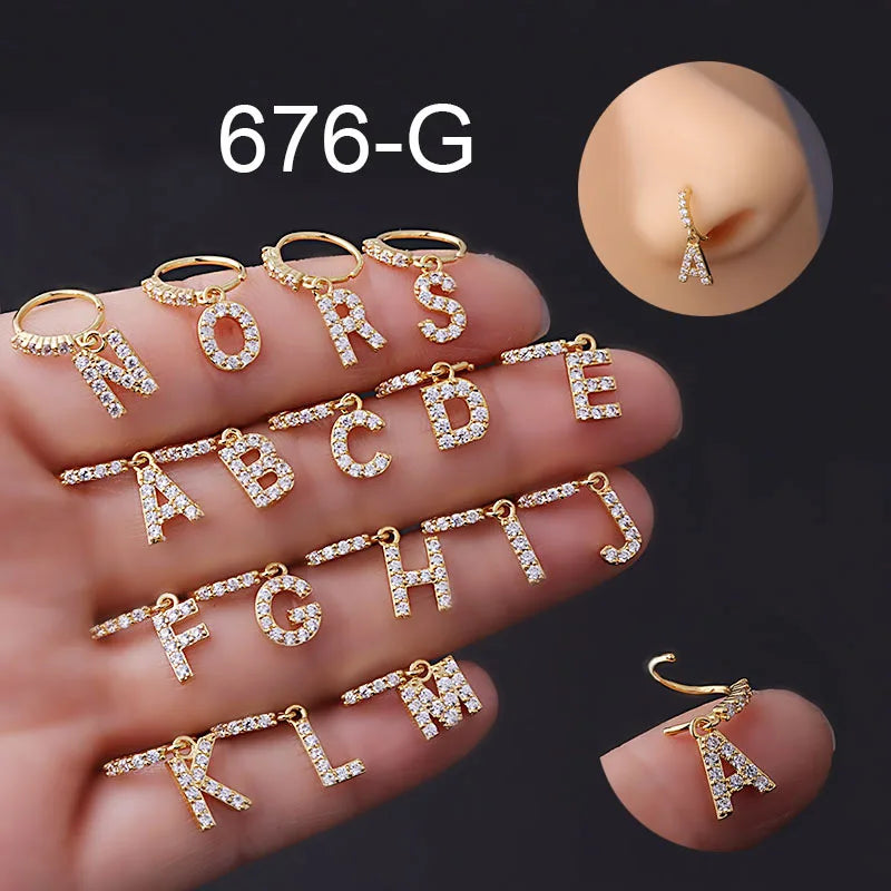 Fashion 8MM Nose Piercing Jewelry Zircon A to Z Letters Alphabet Nose Ring Hoop Dangling Helix Cartilage Tragus Nose Rings