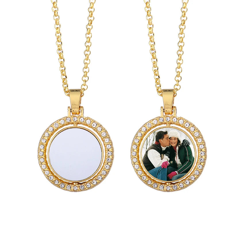 Qualisub Gold Color Circle Double Sided Rotatable Necklaces Sublimation Necklace Blanks for Heat Press