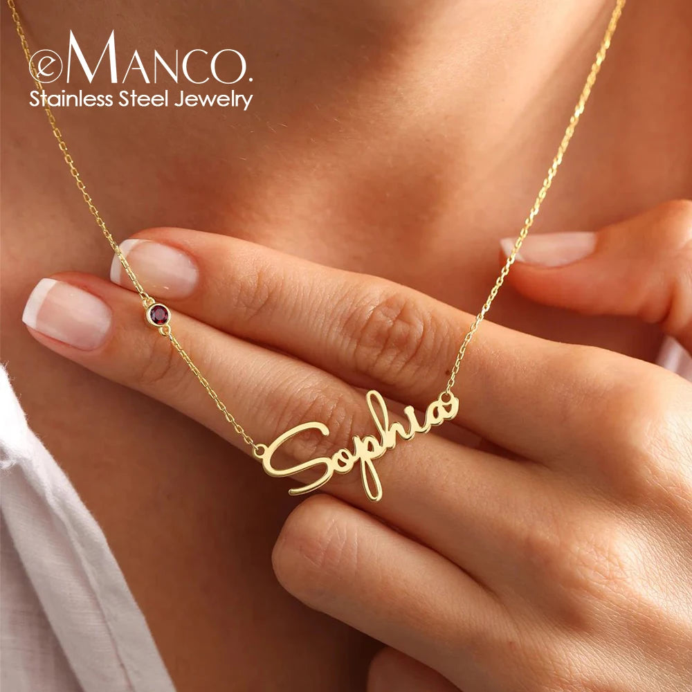 EManco DIY Birthstone Customized Fashion Stainless Steel Name Necklace Personalized Letter Choker Necklace Pendant Nameplate