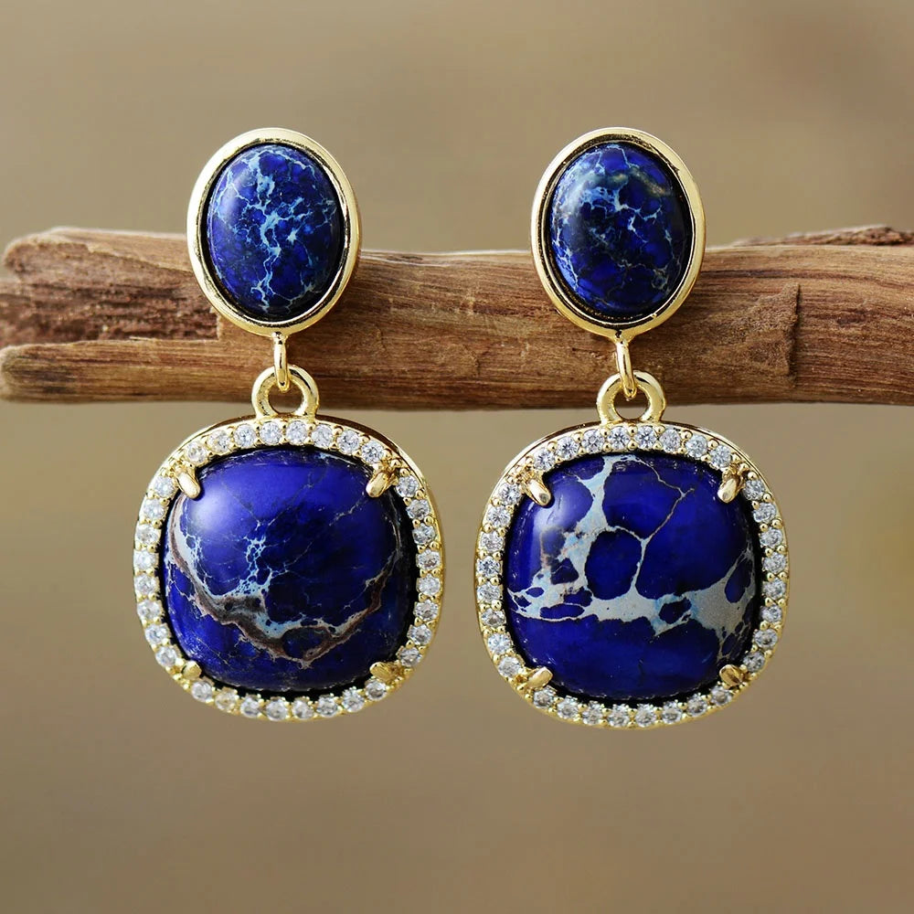 Luxury Gold Plated Empire Jasper Statement Earrings Elegant Stud Costume Jewellery Turquoise Stone Geometric Pattern Main Brass