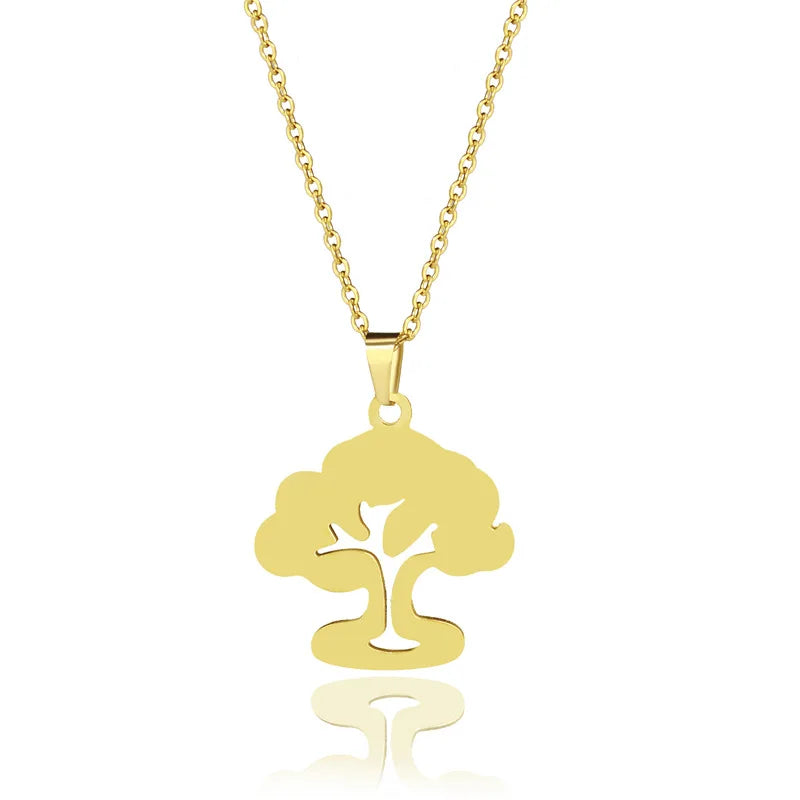Simple Trendy Unisex Jewelry Gold Stainless Steel Peace Tree Pendant Necklace
