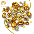 New Product 3D Golden Yellow Mixed Drop Shape Glass Rhinestones with Sew-On Silver Cup Chain and Pearls for Handmade Garments