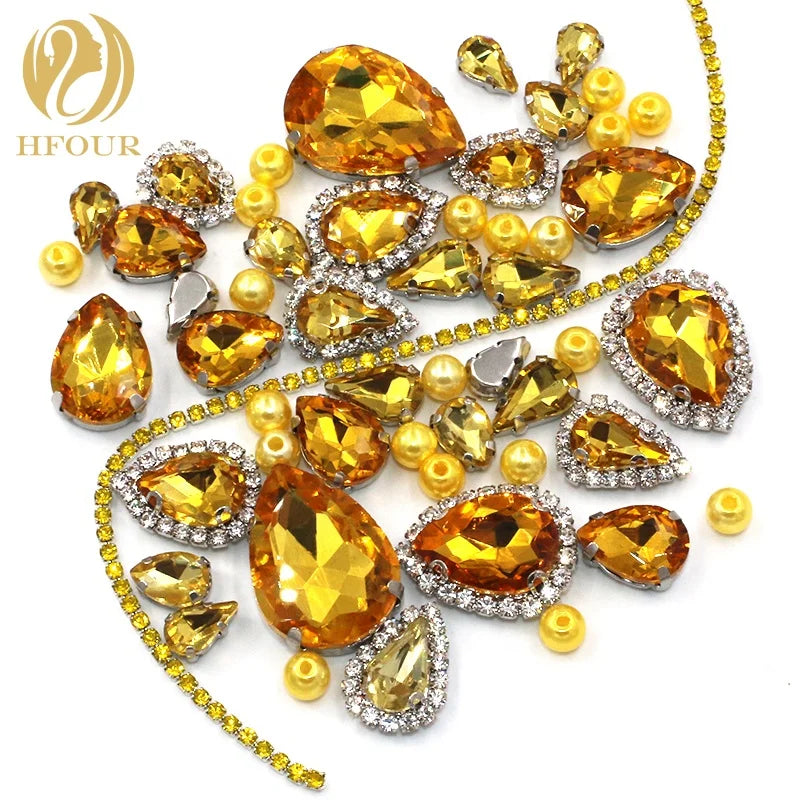 New Product 3D Golden Yellow Mixed Drop Shape Glass Rhinestones with Sew-On Silver Cup Chain and Pearls for Handmade Garments