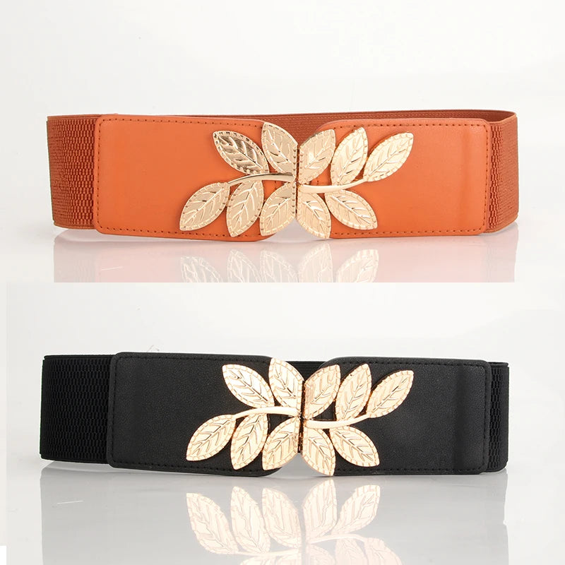 Fashion Ladies Girdle Alloy Leaf Buckle Elastic Band Versatile Dress Shirt With Clothing Belt