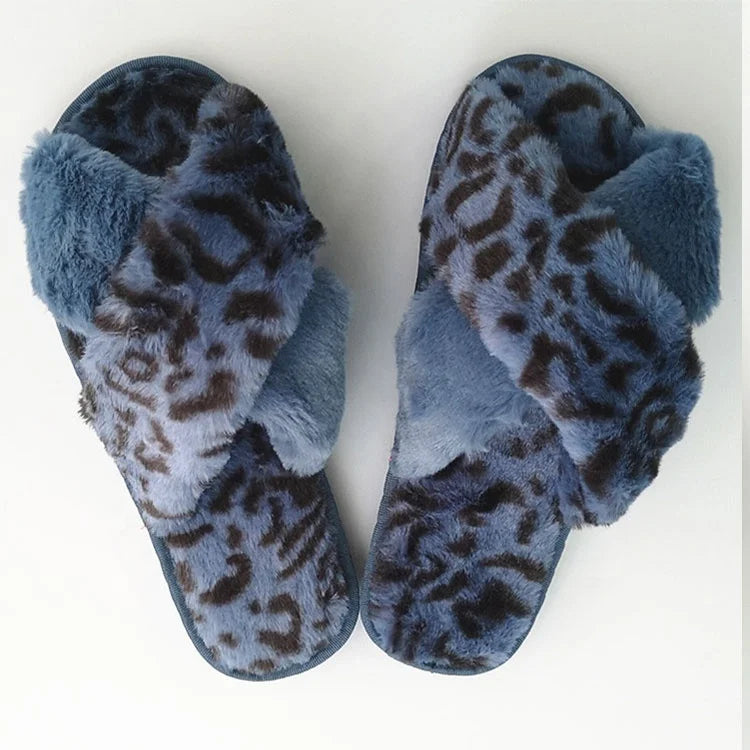 Hot-Selling Women's Winter Fluffy Fuzzy Indoor Plush Faux Fur for Slippers Leopard Print Cross Strap with Warm Soft Sole for Lad MegaBDM