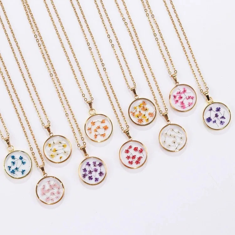 Custom Epoxy Resin Birth Flower Necklace Month Flower Necklace Stainless Steel Jewelry Real Dried Flower Necklace for Women