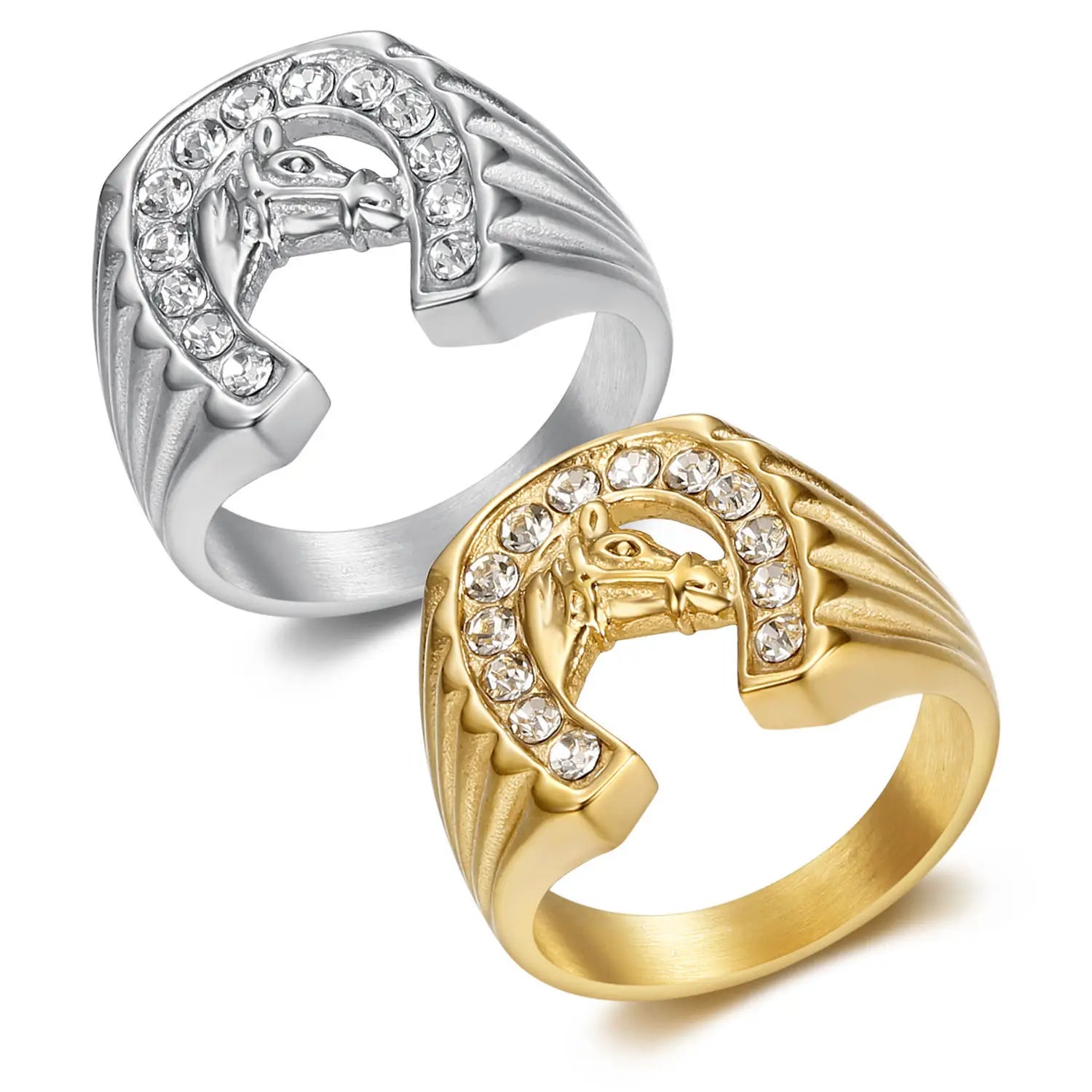 Hip Hop Animal Horse Head Men's Statement Stainless Steel 18K Gold Zircon Iced Out Style Lucky Horseshoe Ring for Men Party Gift