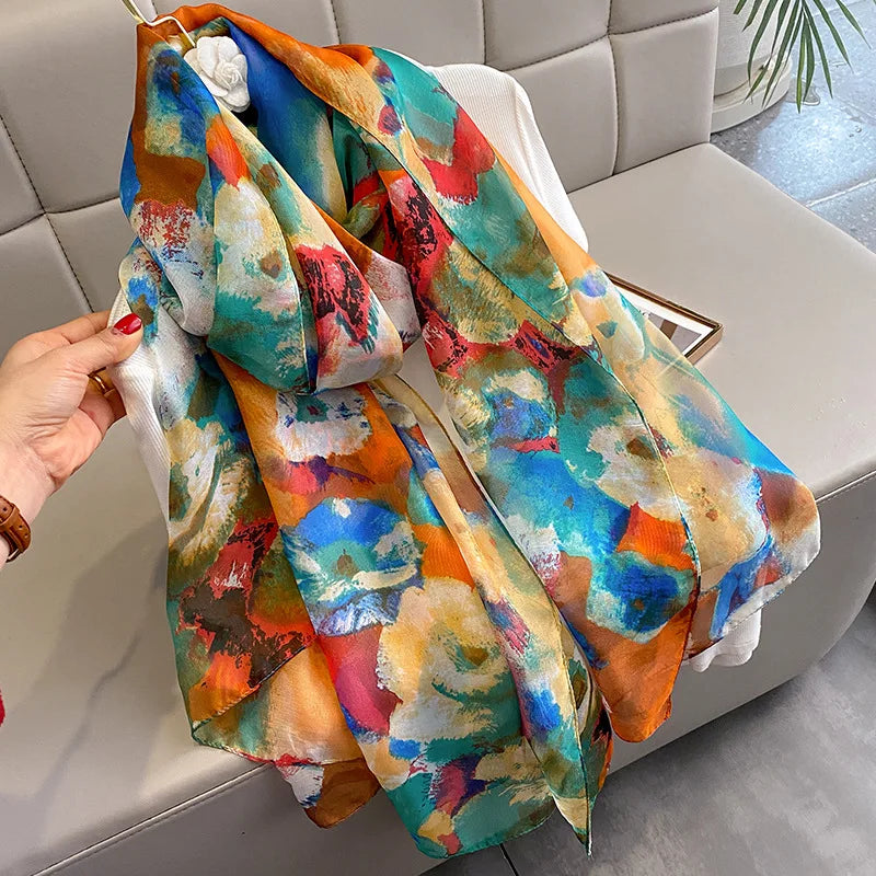 Fashion Summer Long Large Oil Painting Printed Silk Chiffon Shawls for Women Beach Cover up Silk Soft Organza Wraps Scarf